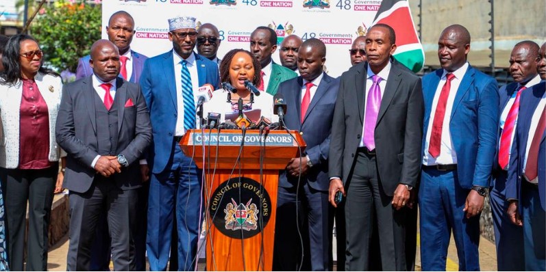 File image of Anne Waiguru and other governors at a past press conference.